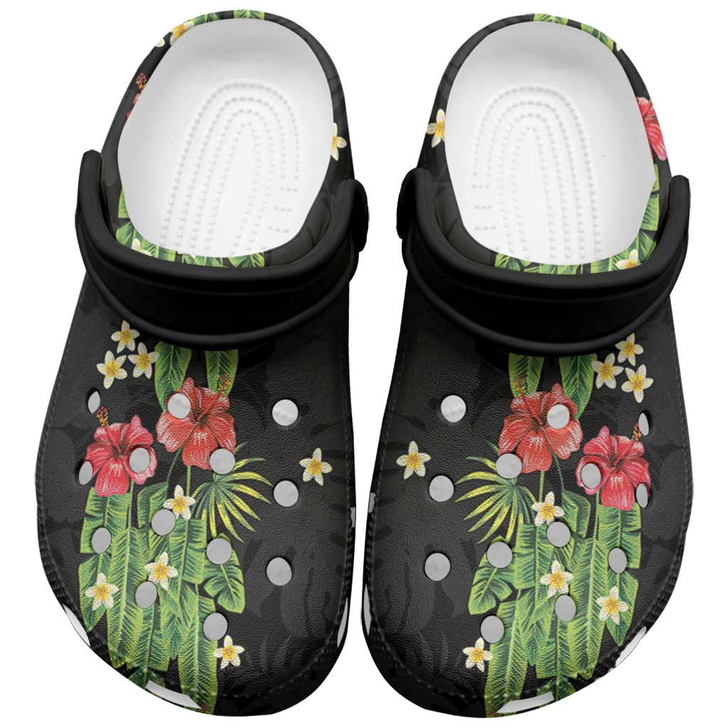 Hawaiian Hibiscus Plumeria Clogs Shoes Tropical Leaves LT01 Black - Polynesian Pride