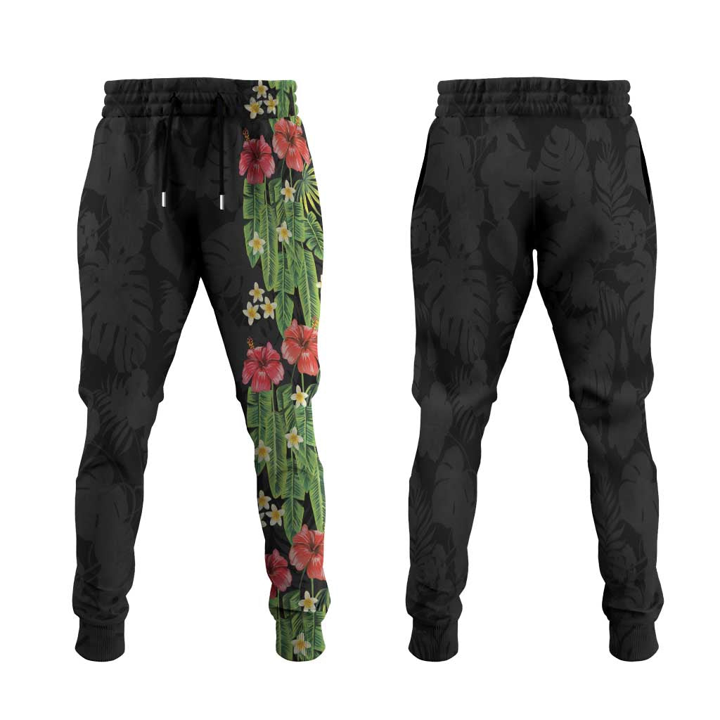 Hawaiian Hibiscus Plumeria Jogger Pants Tropical Leaves LT01 Black - Polynesian Pride