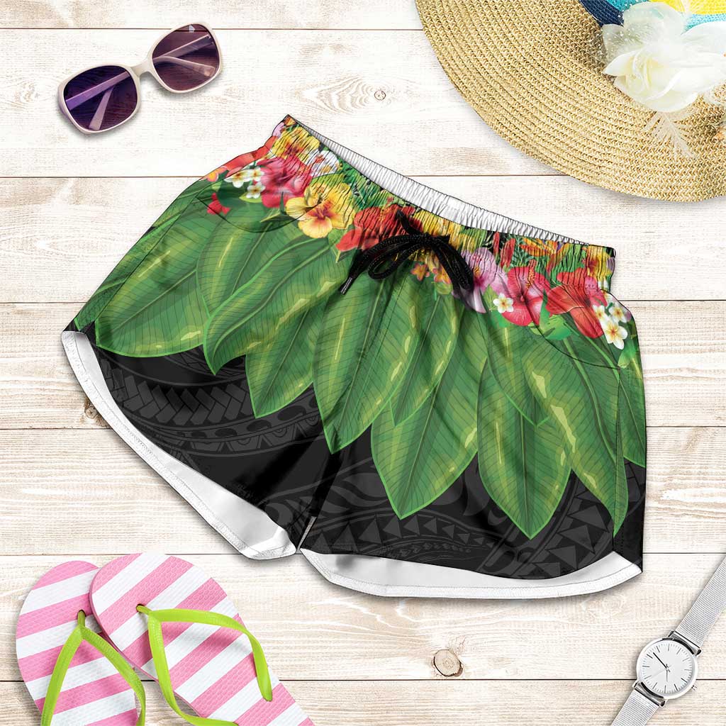 Hawaiian Hula Skirt Style Shorts for Women Tropical Flowers and Leaves - Polynesian Pride