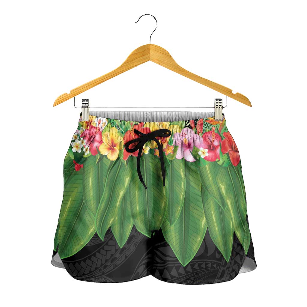 Hawaiian Hula Skirt Style Shorts for Women Tropical Flowers and Leaves - Polynesian Pride
