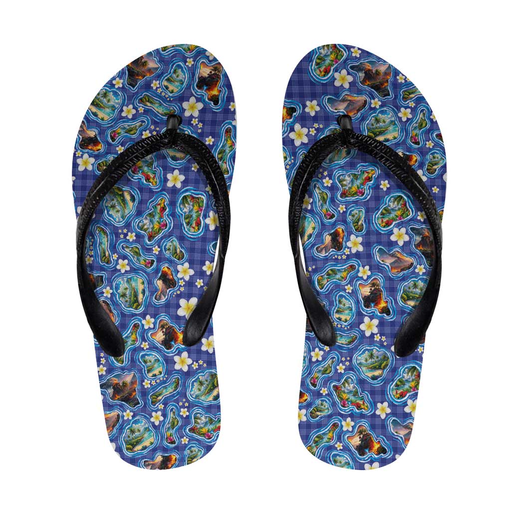 Hawaiian Island Shapes-Iconic Landscape Flip Flops with Plumeria and Palaka Blue Color LT03 Blue - Polynesian Pride