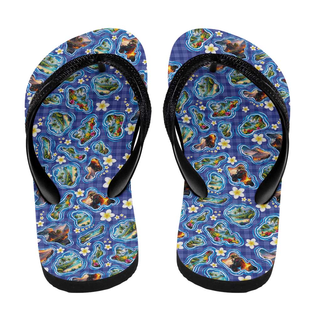 Hawaiian Island Shapes-Iconic Landscape Flip Flops with Plumeria and Palaka Blue Color LT03 - Polynesian Pride