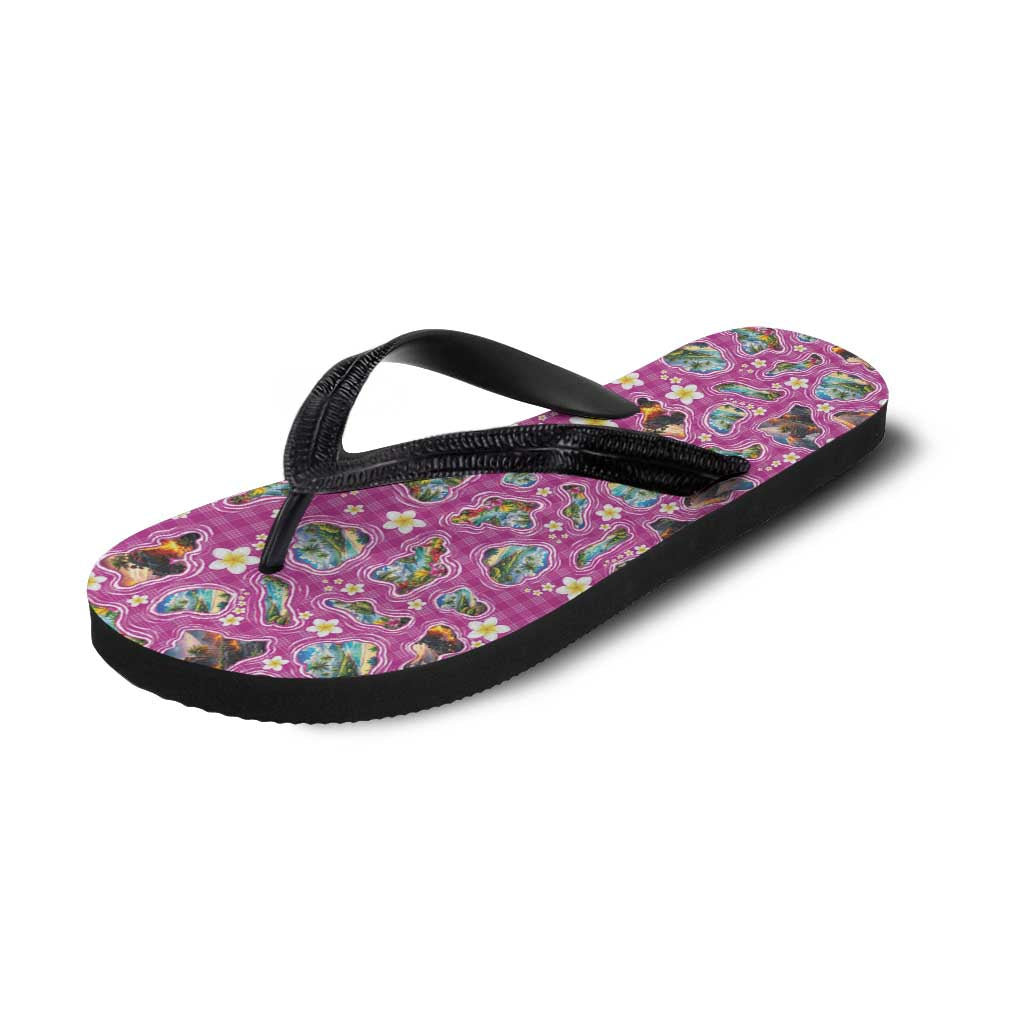Hawaiian Island Shapes-Iconic Landscape Flip Flops with Plumeria and Palaka Pink Color LT03 - Polynesian Pride
