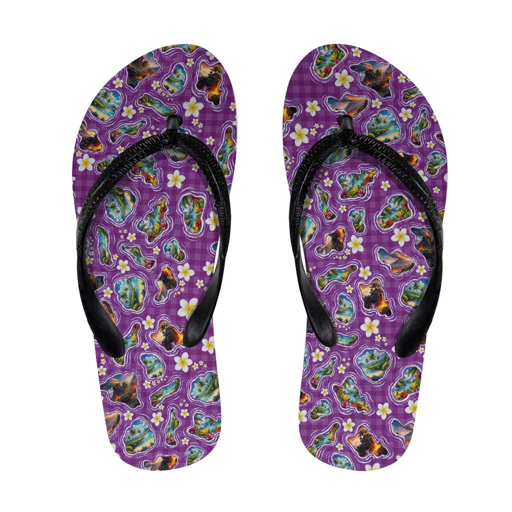 Hawaiian Island Shapes-Iconic Landscape Flip Flops with Plumeria and Palaka Purple Color LT03 Purple - Polynesian Pride