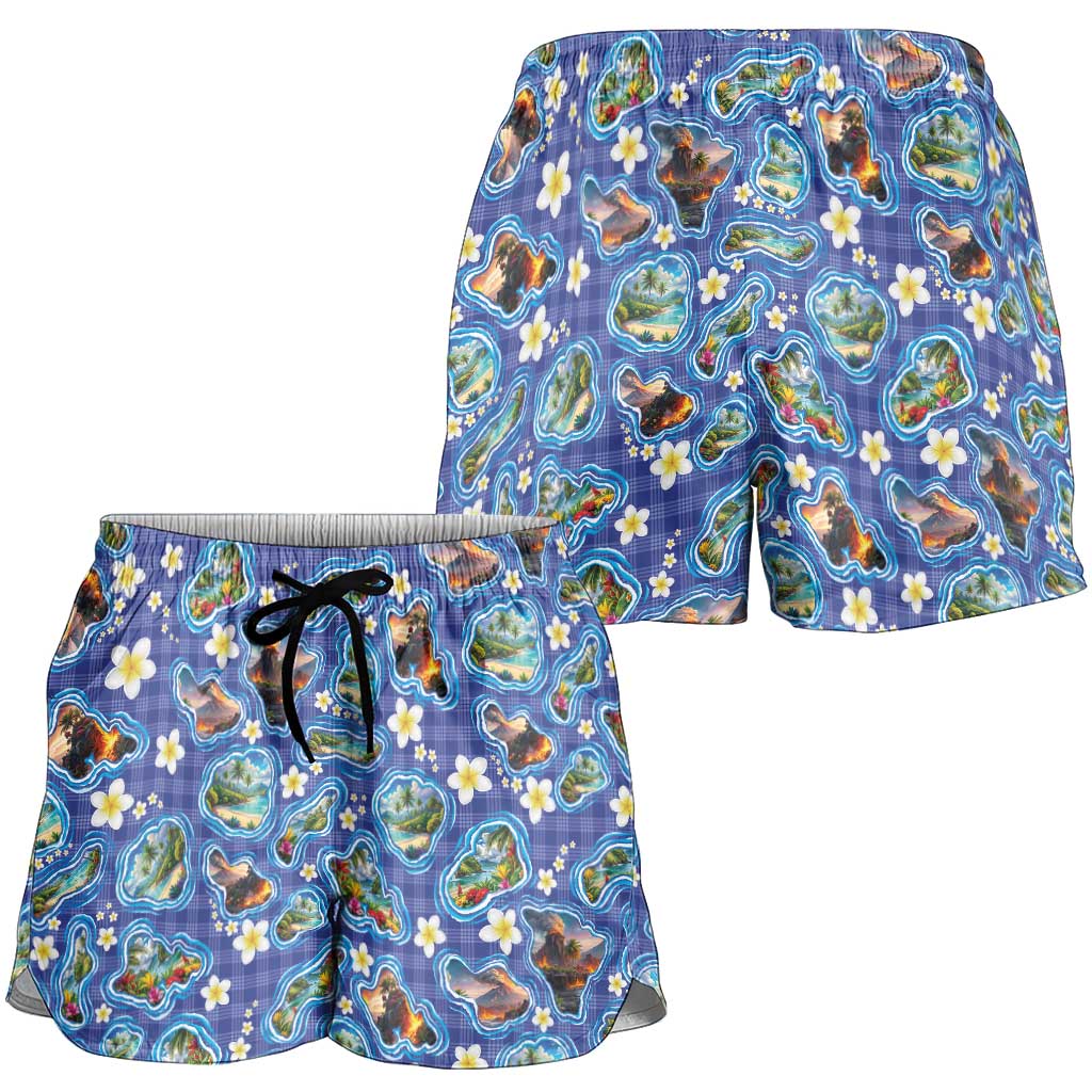 Hawaiian Island Shapes-Iconic Landscape Shorts for Women with Plumeria and Palaka Blue Color
