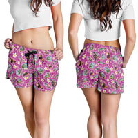 Hawaiian Island Shapes-Iconic Landscape Shorts for Women with Plumeria and Palaka Pink Color