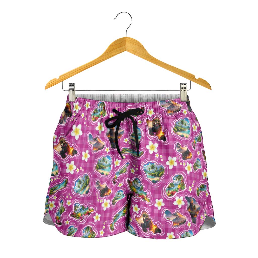 Hawaiian Island Shapes-Iconic Landscape Shorts for Women with Plumeria and Palaka Pink Color