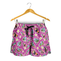 Hawaiian Island Shapes-Iconic Landscape Shorts for Women with Plumeria and Palaka Pink Color