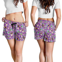 Hawaiian Island Shapes-Iconic Landscape Shorts for Women with Plumeria and Palaka Purple Color