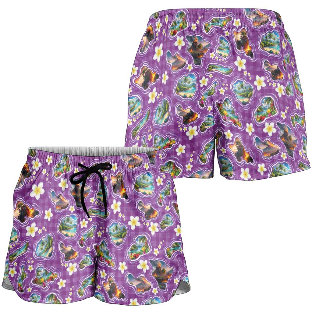 Hawaiian Island Shapes-Iconic Landscape Shorts for Women with Plumeria and Palaka Purple Color
