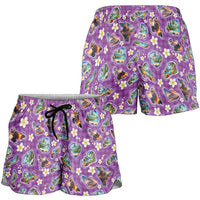 Hawaiian Island Shapes-Iconic Landscape Shorts for Women with Plumeria and Palaka Purple Color