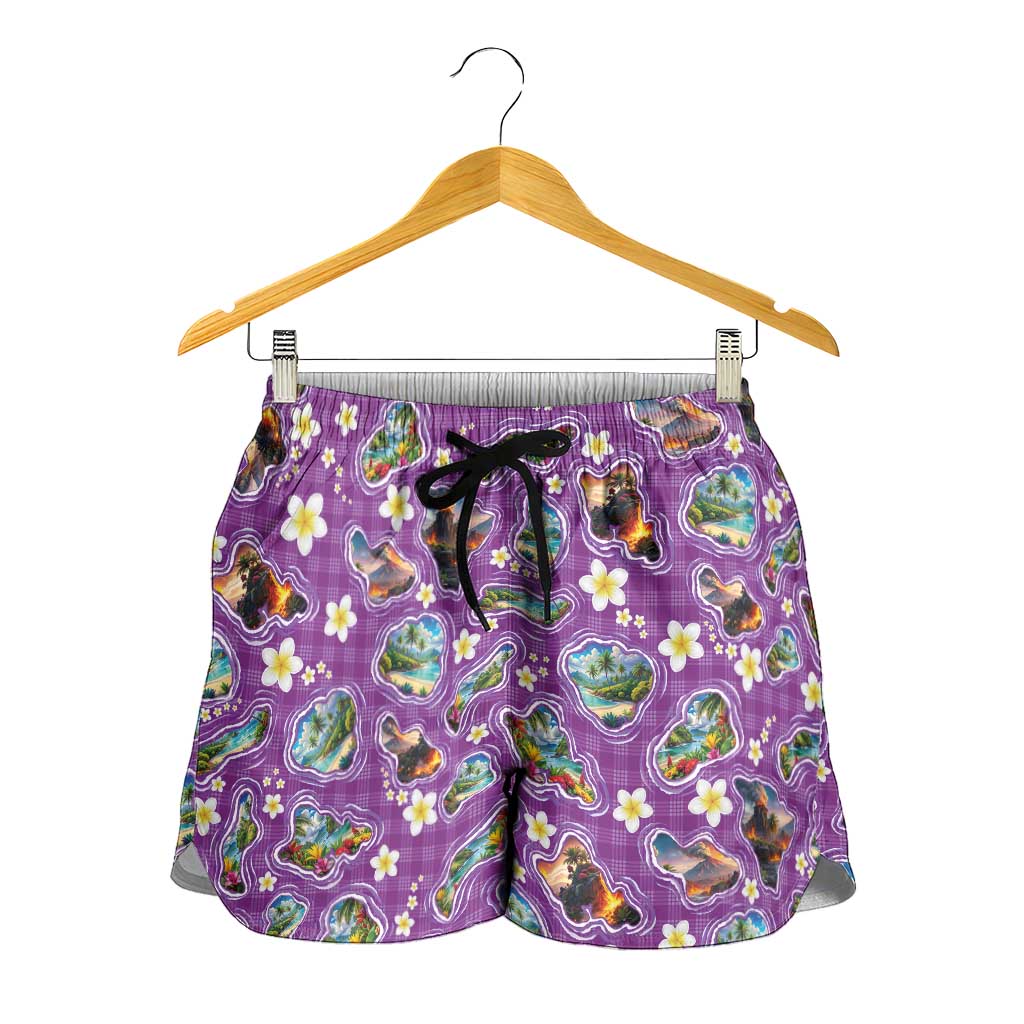 Hawaiian Island Shapes-Iconic Landscape Shorts for Women with Plumeria and Palaka Purple Color