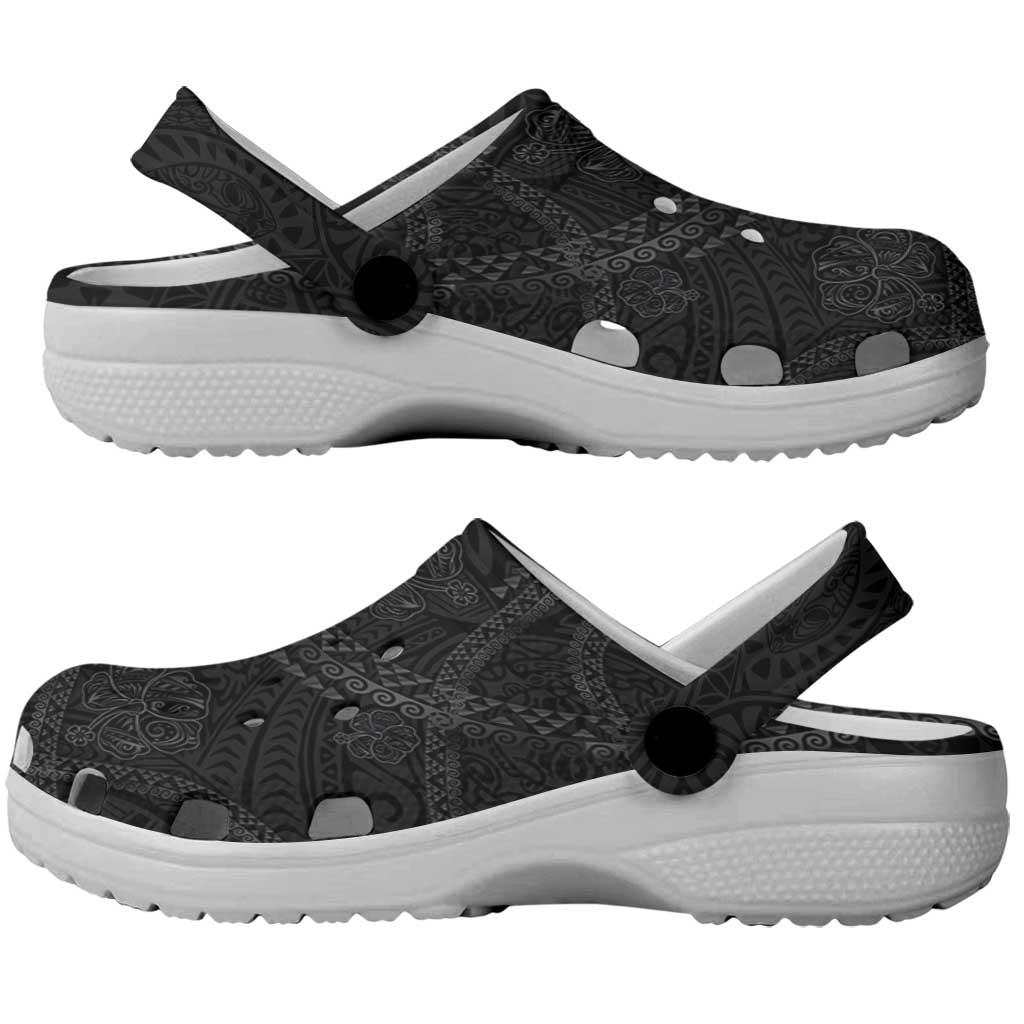 Hawaiian Kakau Art and Hisbiscus Tattoo Clogs Shoes Tribal Pattern-Black Gradient Style - Polynesian Pride