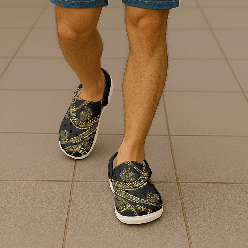 Hawaiian Kakau Art and Hisbiscus Tattoo Clogs Shoes Tribal Pattern-Gold Style - Polynesian Pride