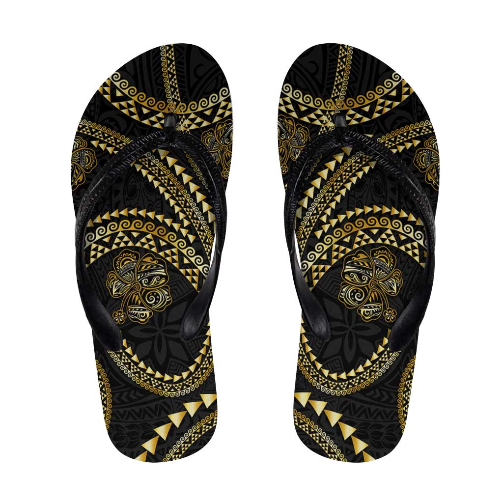 Hawaiian Kakau Art and Hisbiscus Tattoo Flip Flops Tribal Pattern-Gold Style - Polynesian Pride