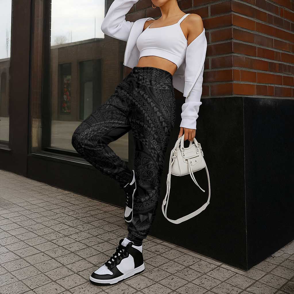 Hawaiian Kakau Art and Hisbiscus Tattoo Jogger Pants Tribal Pattern-Black Gradient Style - Polynesian Pride