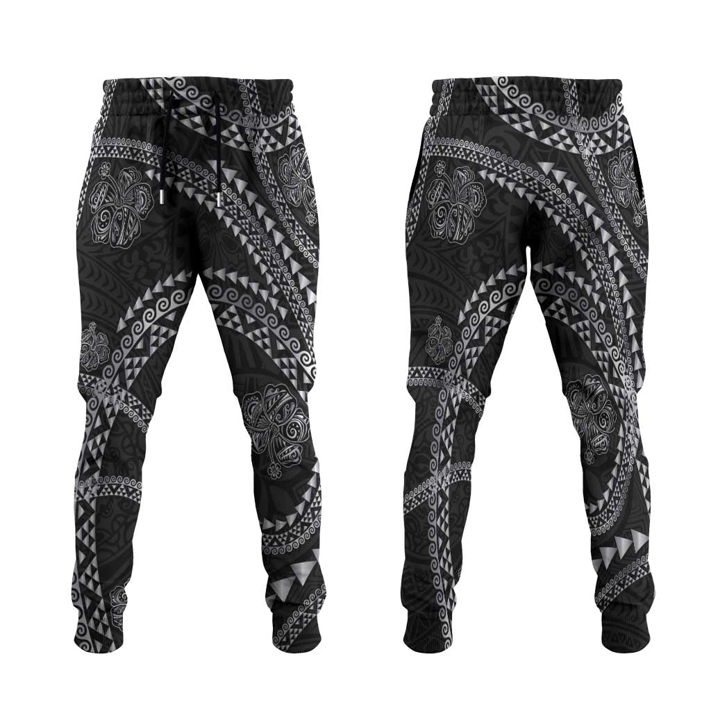 Hawaiian Kakau Art and Hisbiscus Tattoo Jogger Pants Tribal Pattern-Silver Style - Polynesian Pride
