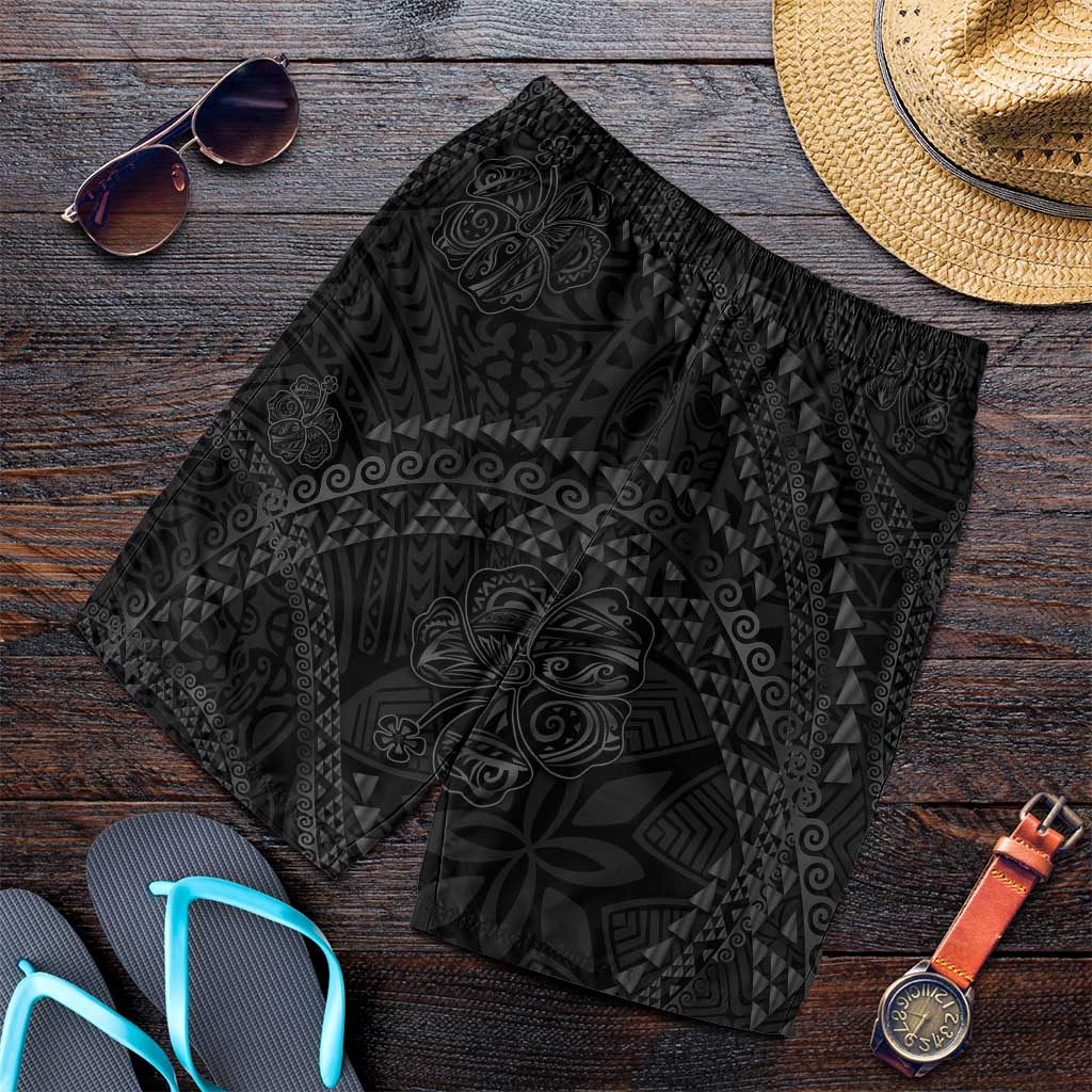 Hawaiian Kakau Art and Hisbiscus Tattoo Shorts for Men Tribal Pattern-Black Gradient Style - Polynesian Pride