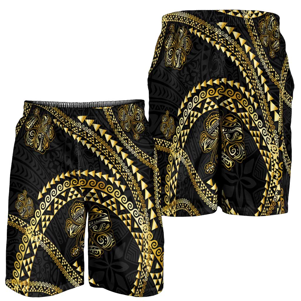 Hawaiian Kakau Art and Hisbiscus Tattoo Shorts for Men Tribal Pattern-Gold Style - Polynesian Pride
