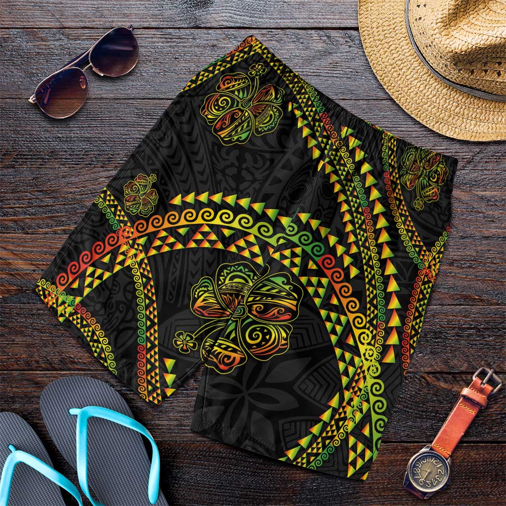 Hawaiian Kakau Art and Hisbiscus Tattoo Shorts for Men Tribal Pattern-Reggae Style - Polynesian Pride