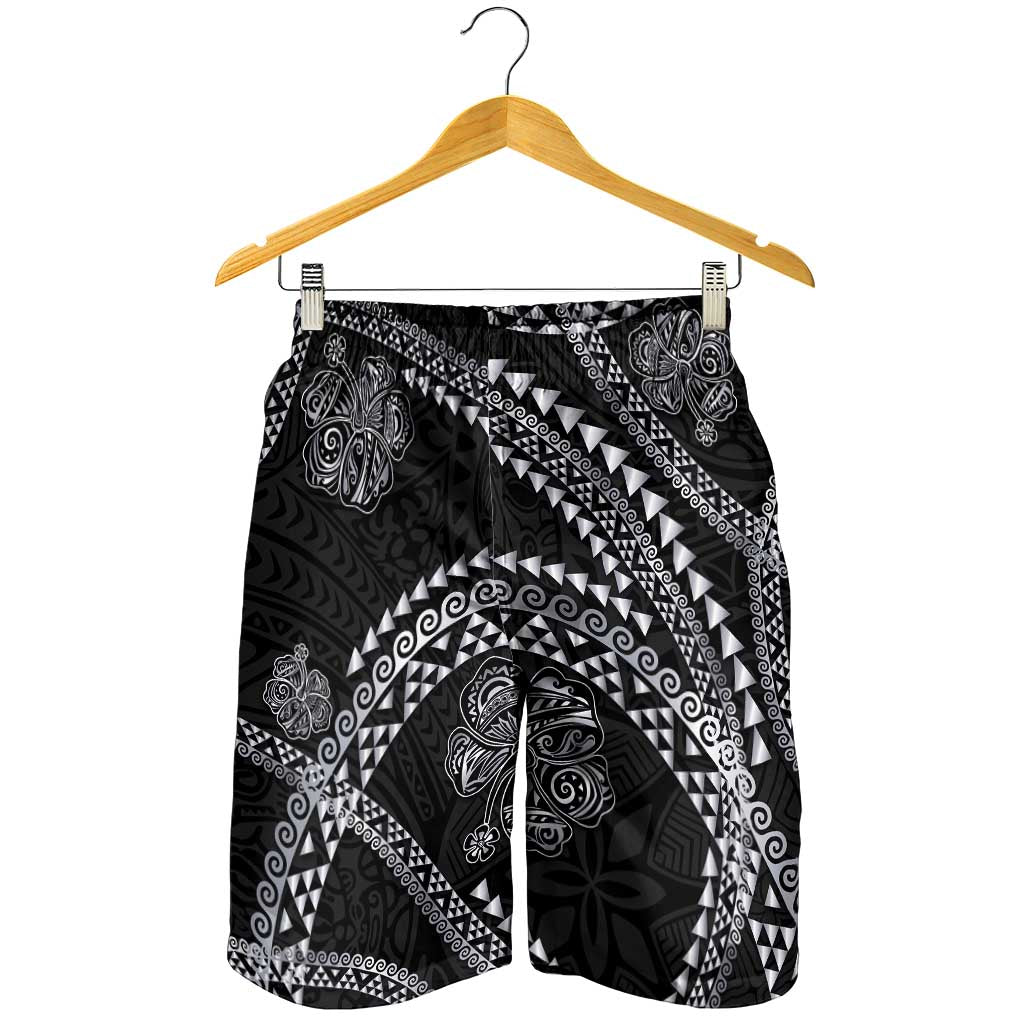 Hawaiian Kakau Art and Hisbiscus Tattoo Shorts for Men Tribal Pattern-Silver Style - Polynesian Pride