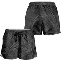 Hawaiian Kakau Art and Hisbiscus Tattoo Shorts for Women Tribal Pattern-Black Gradient Style - Polynesian Pride