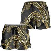 Hawaiian Kakau Art and Hisbiscus Tattoo Shorts for Women Tribal Pattern-Gold Style - Polynesian Pride