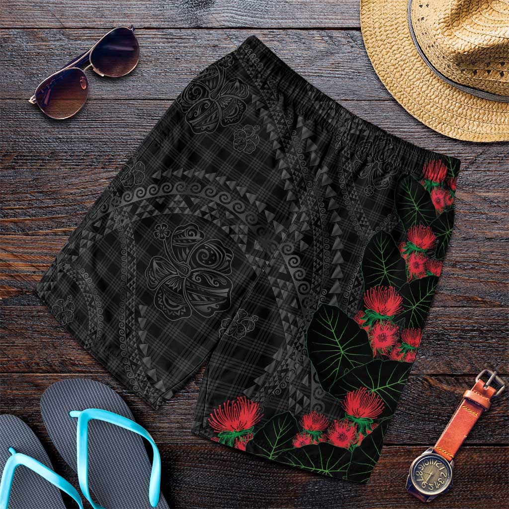 Hawaiian Kakau Art Shorts for Men Taro Leaves with Ohia Lehua and Pakala Pattern LT03 Black - Polynesian Pride