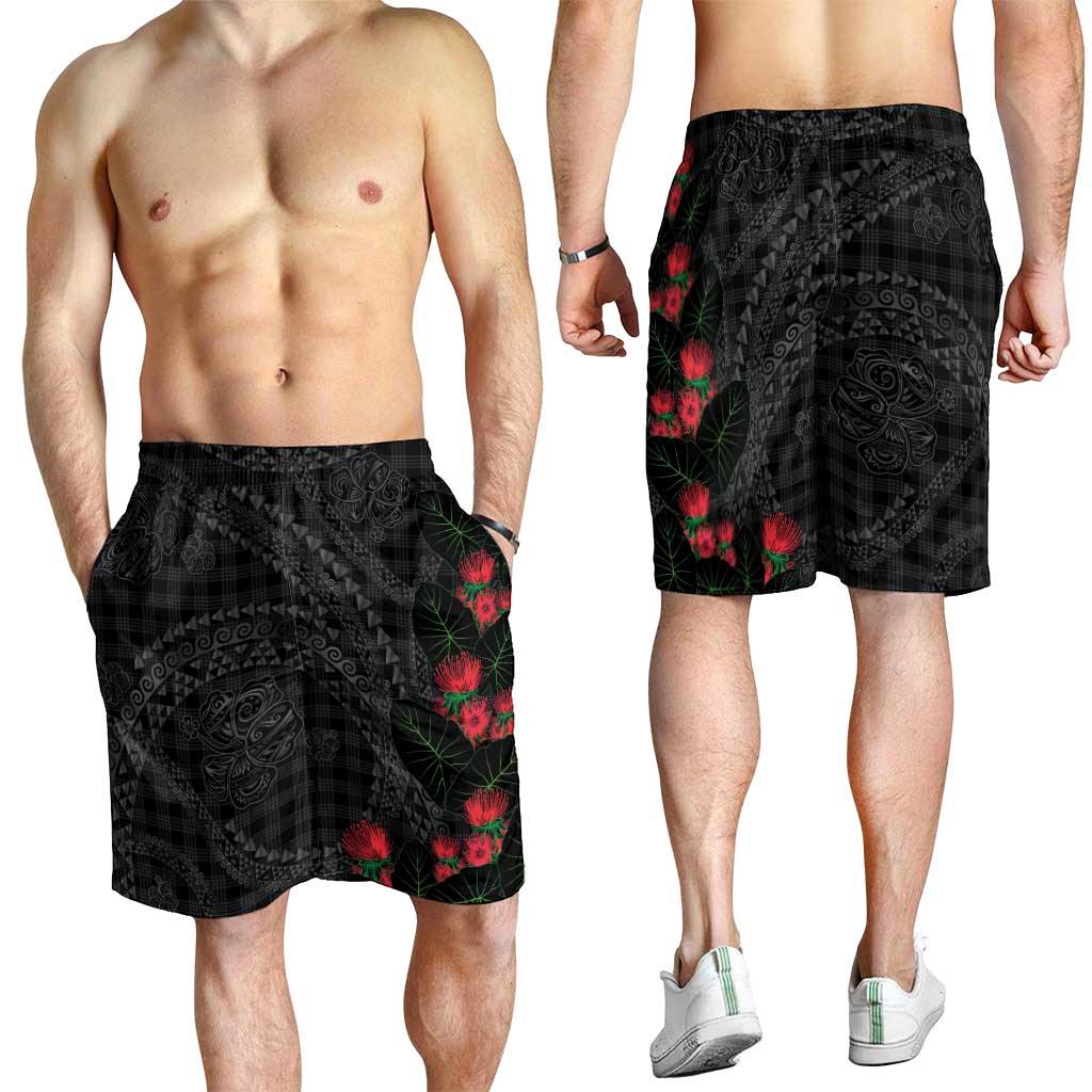 Hawaiian Kakau Art Shorts for Men Taro Leaves with Ohia Lehua and Pakala Pattern LT03 - Polynesian Pride