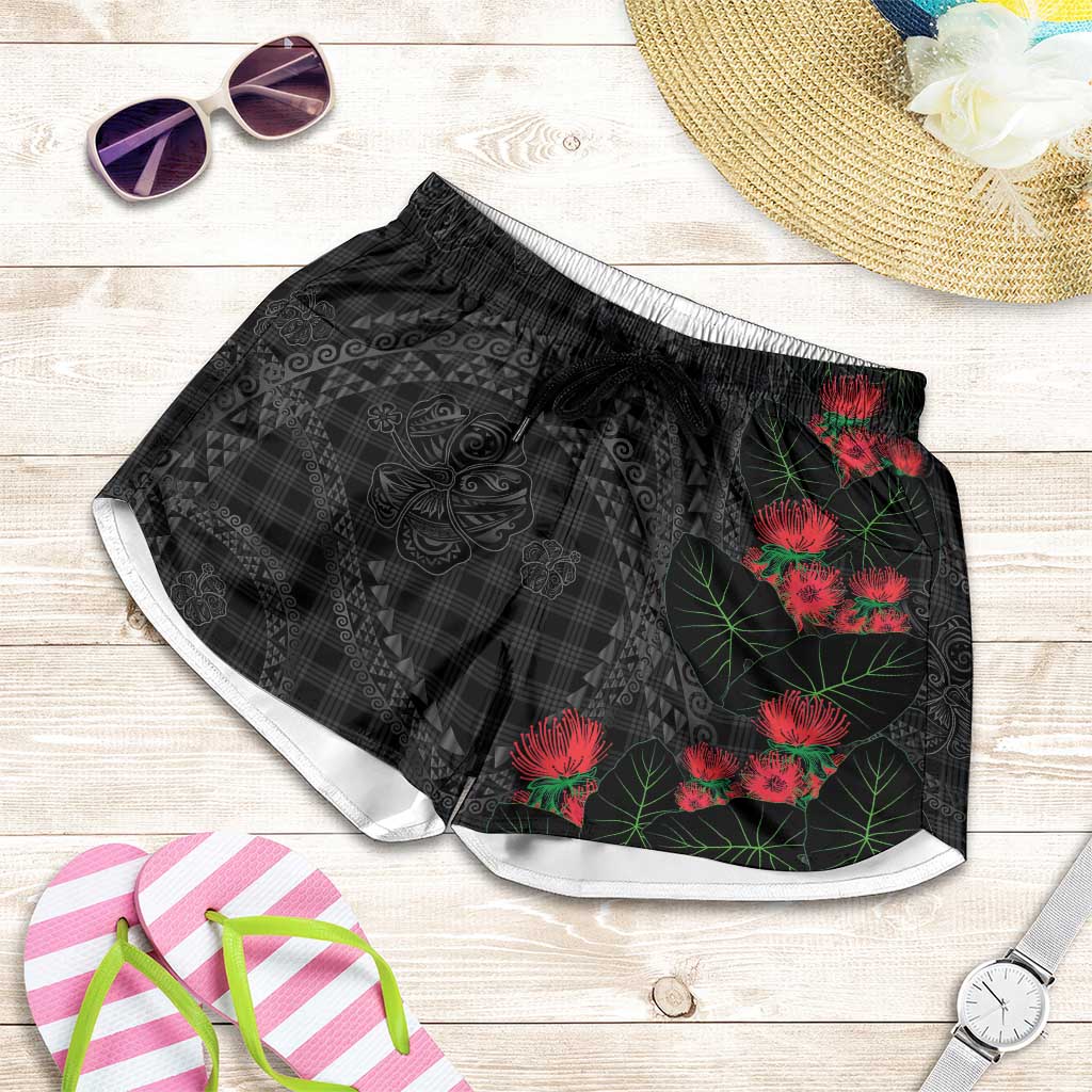 Hawaiian Kakau Art Shorts for Women Taro Leaves with Ohia Lehua and Pakala Pattern - Polynesian Pride