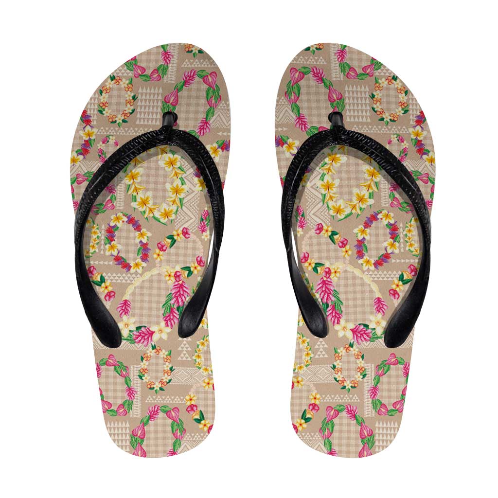 Hawaiian Kakau Tattoo Leis and Palaka Pattern Flip Flops Traditional Aloha Tribal Beige Color LT03 Beige - Polynesian Pride
