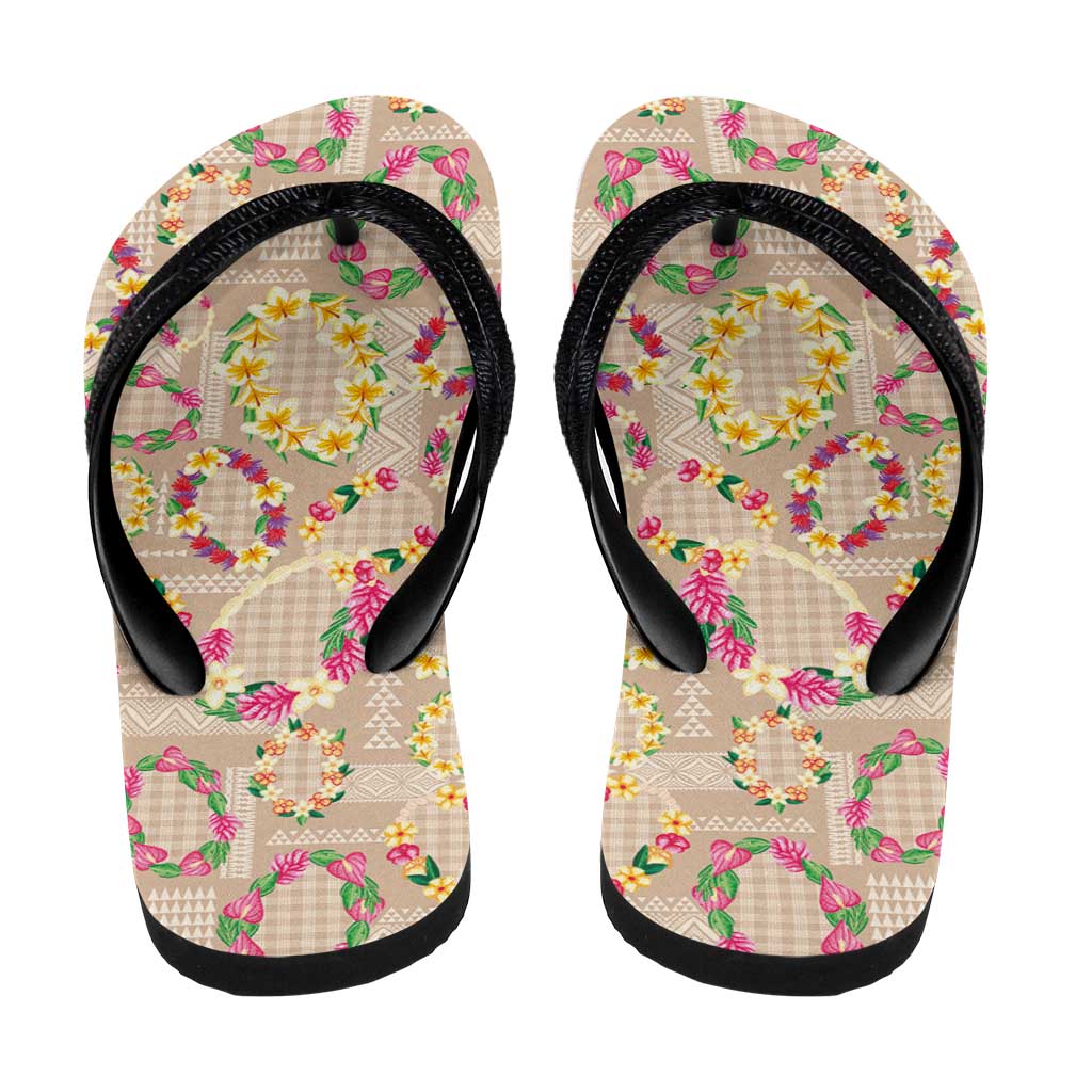 Hawaiian Kakau Tattoo Leis and Palaka Pattern Flip Flops Traditional Aloha Tribal Beige Color LT03 - Polynesian Pride
