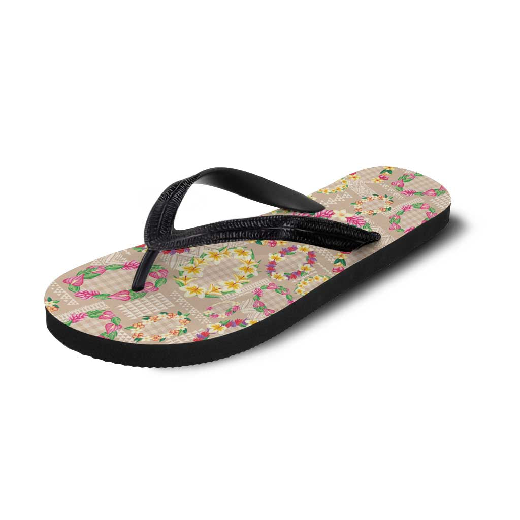 Hawaiian Kakau Tattoo Leis and Palaka Pattern Flip Flops Traditional Aloha Tribal Beige Color LT03 - Polynesian Pride