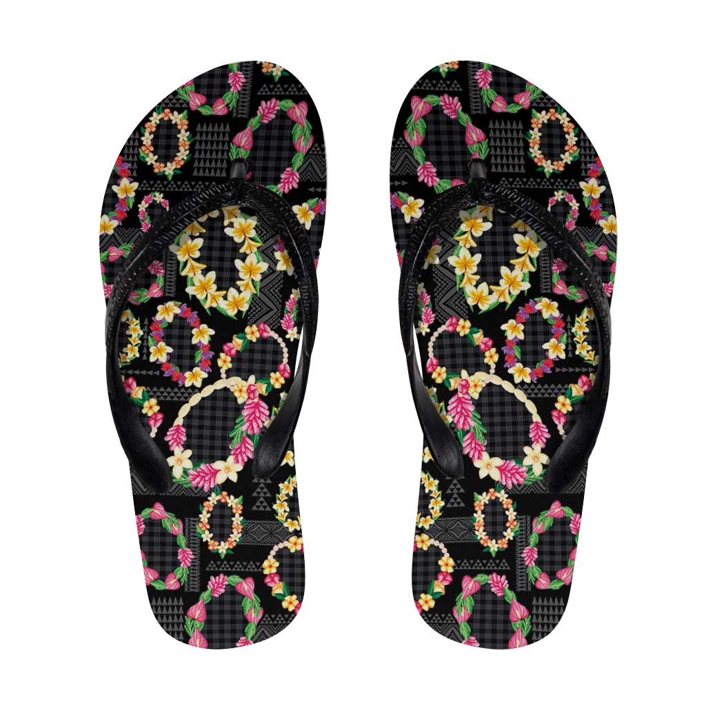 Hawaiian Kakau Tattoo Leis and Palaka Pattern Flip Flops Traditional Aloha Tribal Black Color LT03 Black - Polynesian Pride