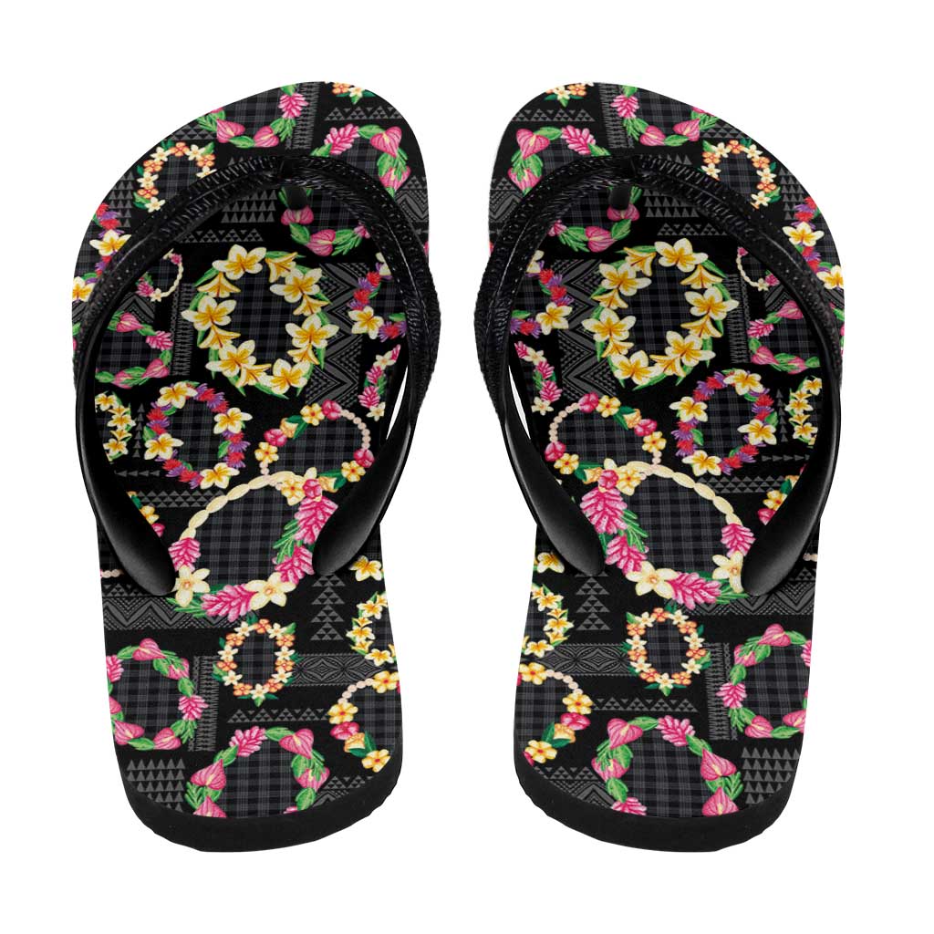 Hawaiian Kakau Tattoo Leis and Palaka Pattern Flip Flops Traditional Aloha Tribal Black Color LT03 - Polynesian Pride