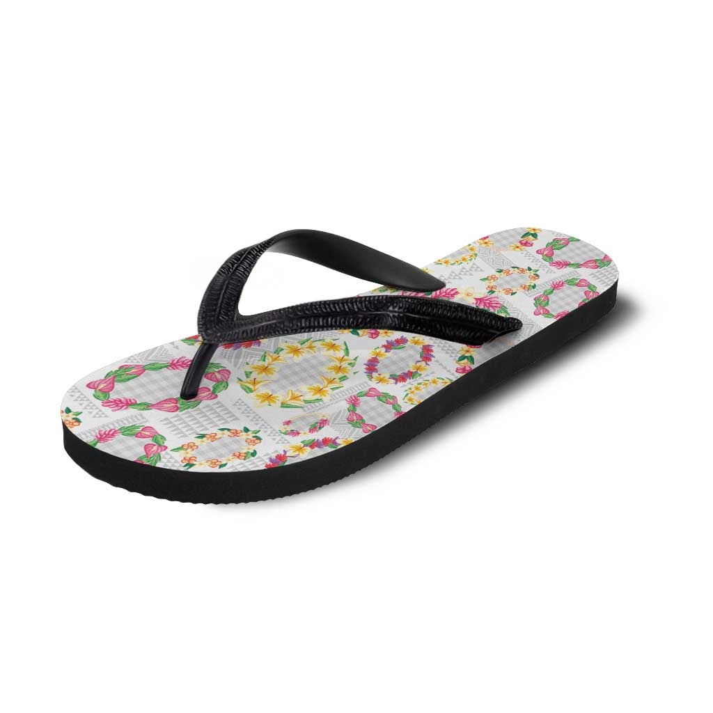 Hawaiian Kakau Tattoo Leis and Palaka Pattern Flip Flops Traditional Aloha Tribal White Color LT03 - Polynesian Pride