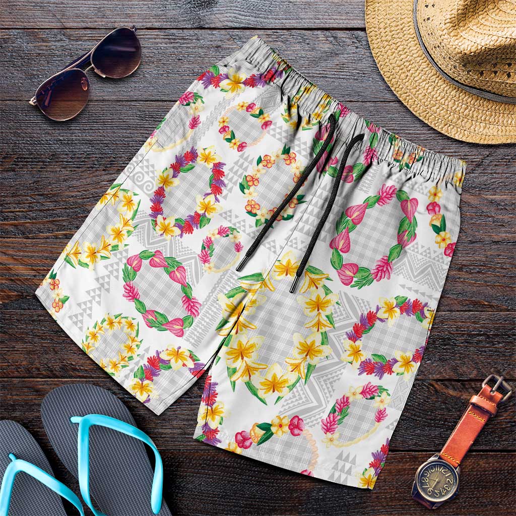 Hawaiian Kakau Tattoo Leis and Palaka Pattern Shorts for Men Traditional Aloha Tribal White Color LT03 White - Polynesian Pride