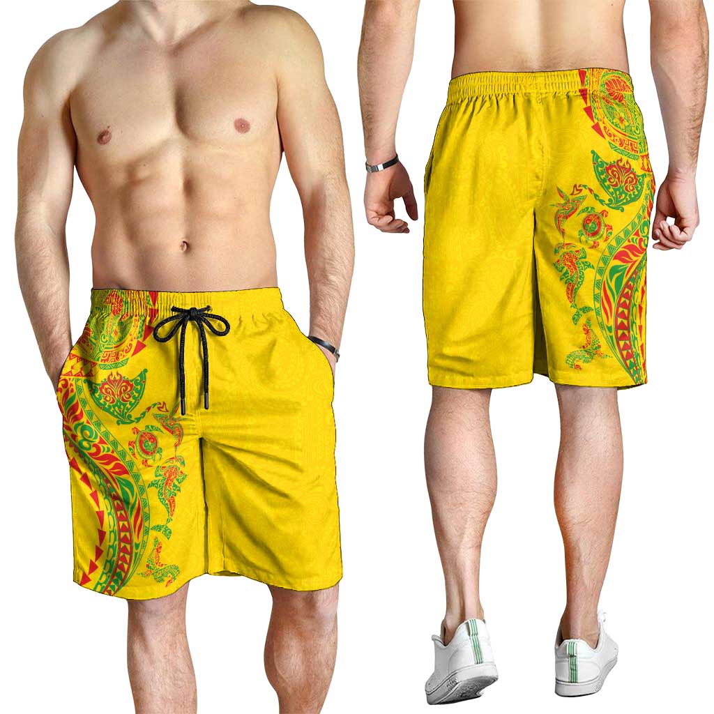 Hawaiian Kakau Tribal Sea Animals Tattoos Shorts for Men Kanaka Maoli Flag Color Inspired