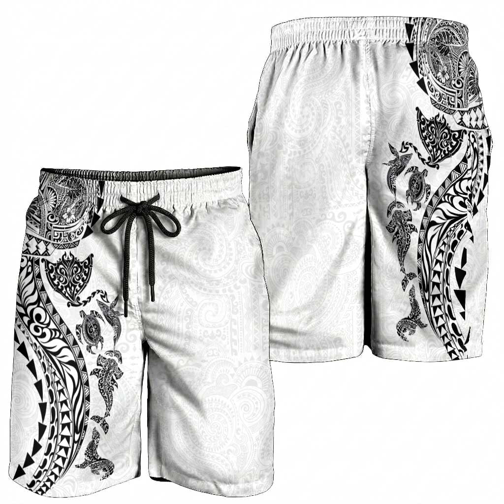 Hawaiian Kakau Tribal Sea Animals Tattoos Shorts for Men White Color LT03 - Polynesian Pride