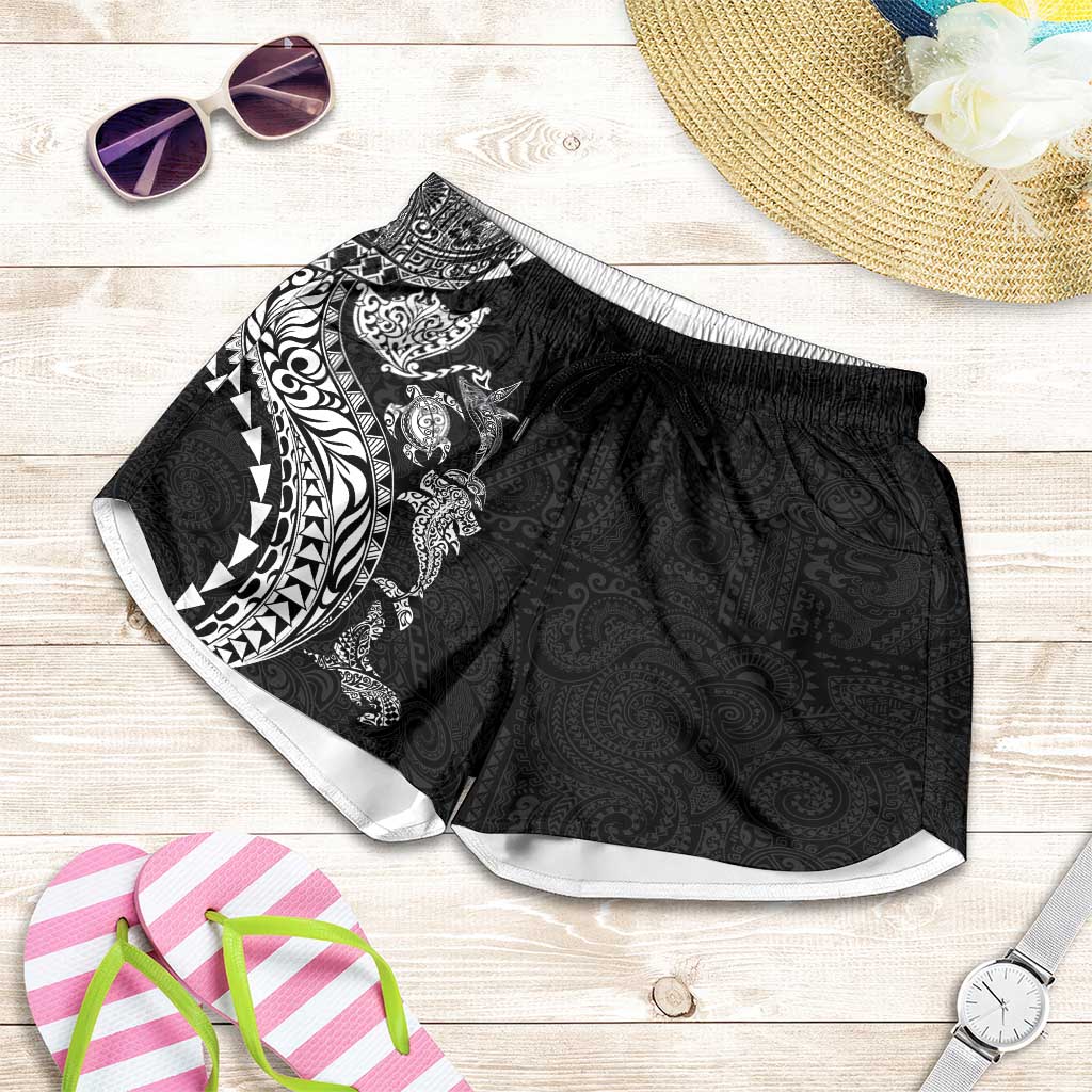 Hawaiian Kakau Tribal Sea Animals Tattoos Shorts for Women Black Color
