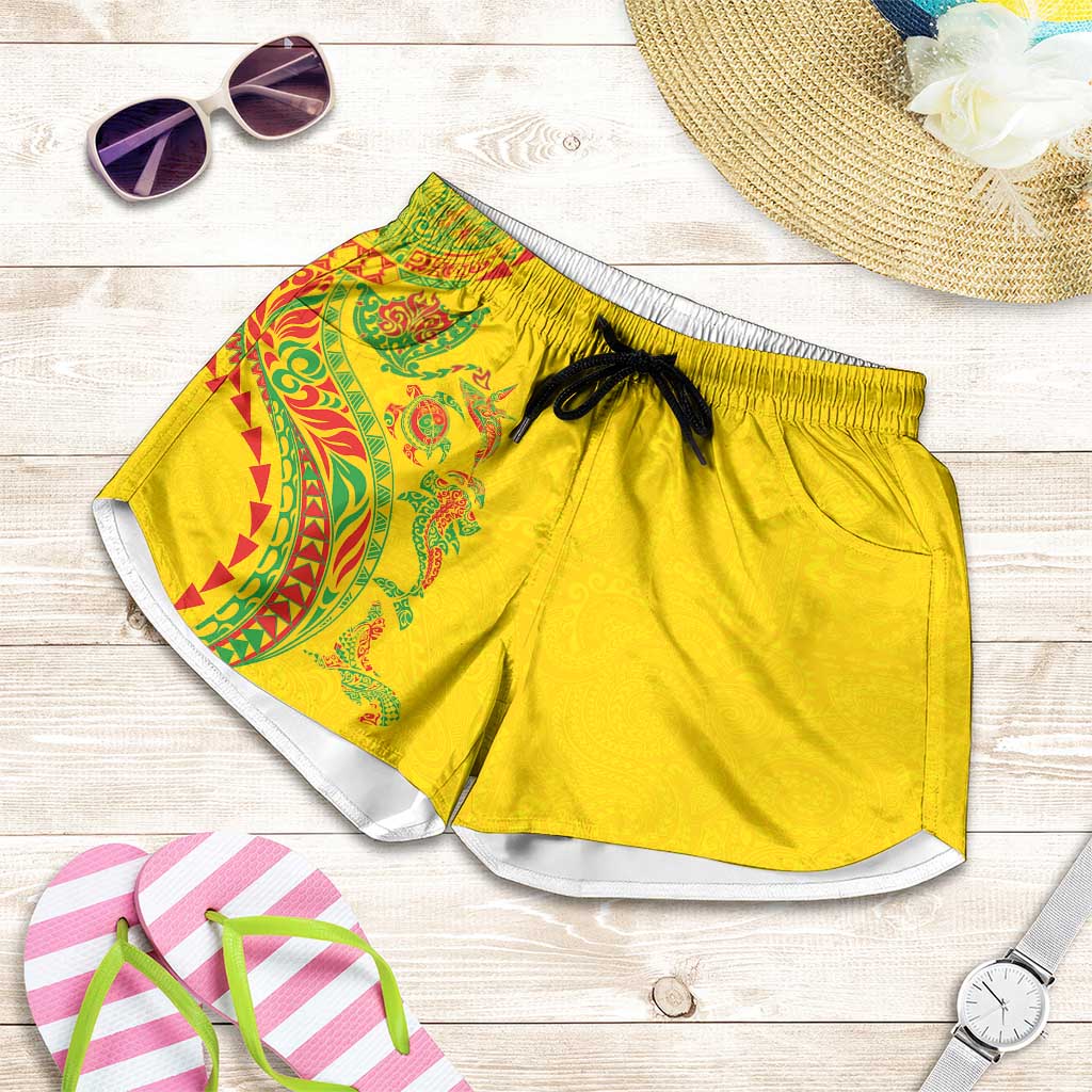 Hawaiian Kakau Tribal Sea Animals Tattoos Shorts for Women Kanaka Maoli Flag Color Inspired