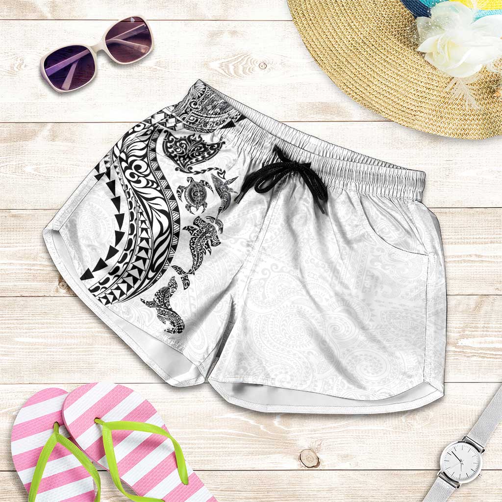 Hawaiian Kakau Tribal Sea Animals Tattoos Shorts for Women White Color