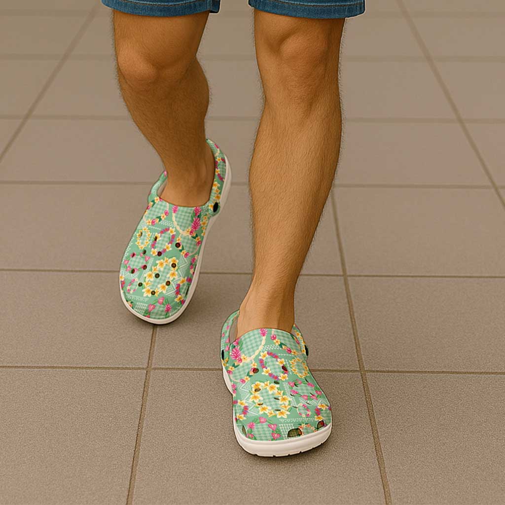 Hawaiian Leis Clogs Shoes Kakau Tattoos and Palaka Pastel Green Color LT03 - Polynesian Pride