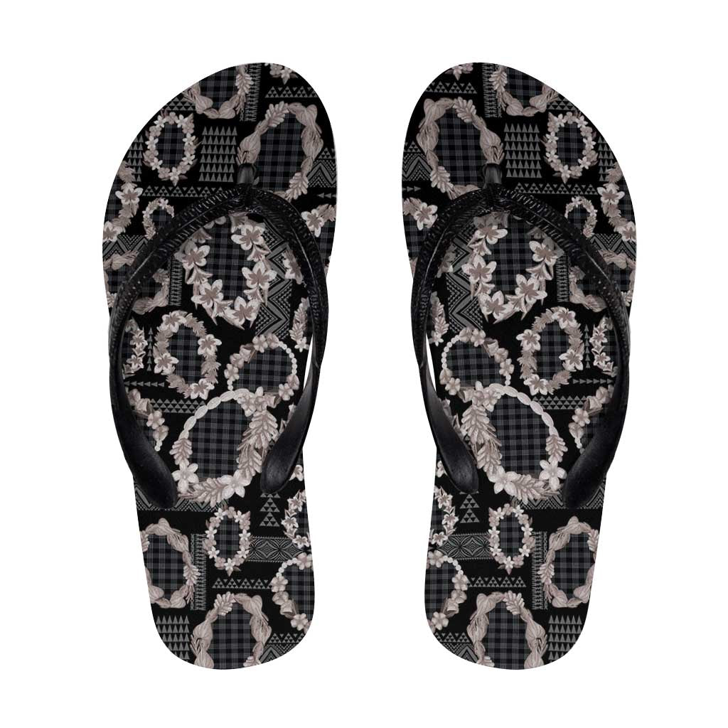 Hawaiian Leis Flip Flops Kakau Tattoos and Palaka Pastel Grayscale LT03 Black - Polynesian Pride