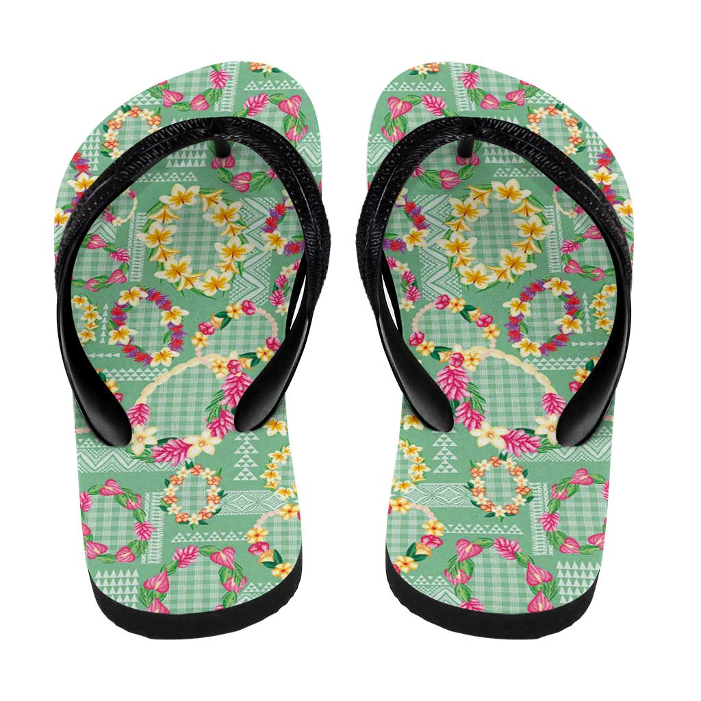 Hawaiian Leis Flip Flops Kakau Tattoos and Palaka Pastel Green Color LT03 - Polynesian Pride
