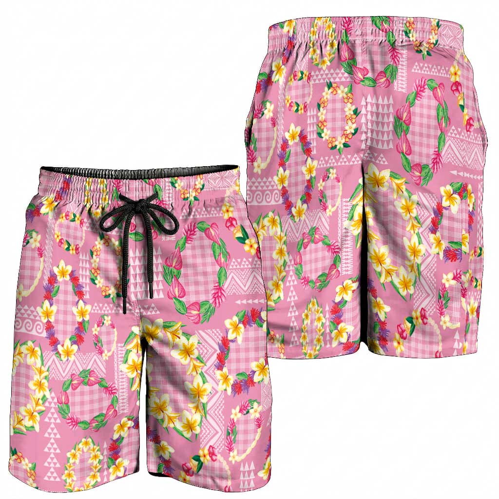 Hawaiian Leis Shorts for Men Kakau Tattoos and Palaka Pastel Pink Color