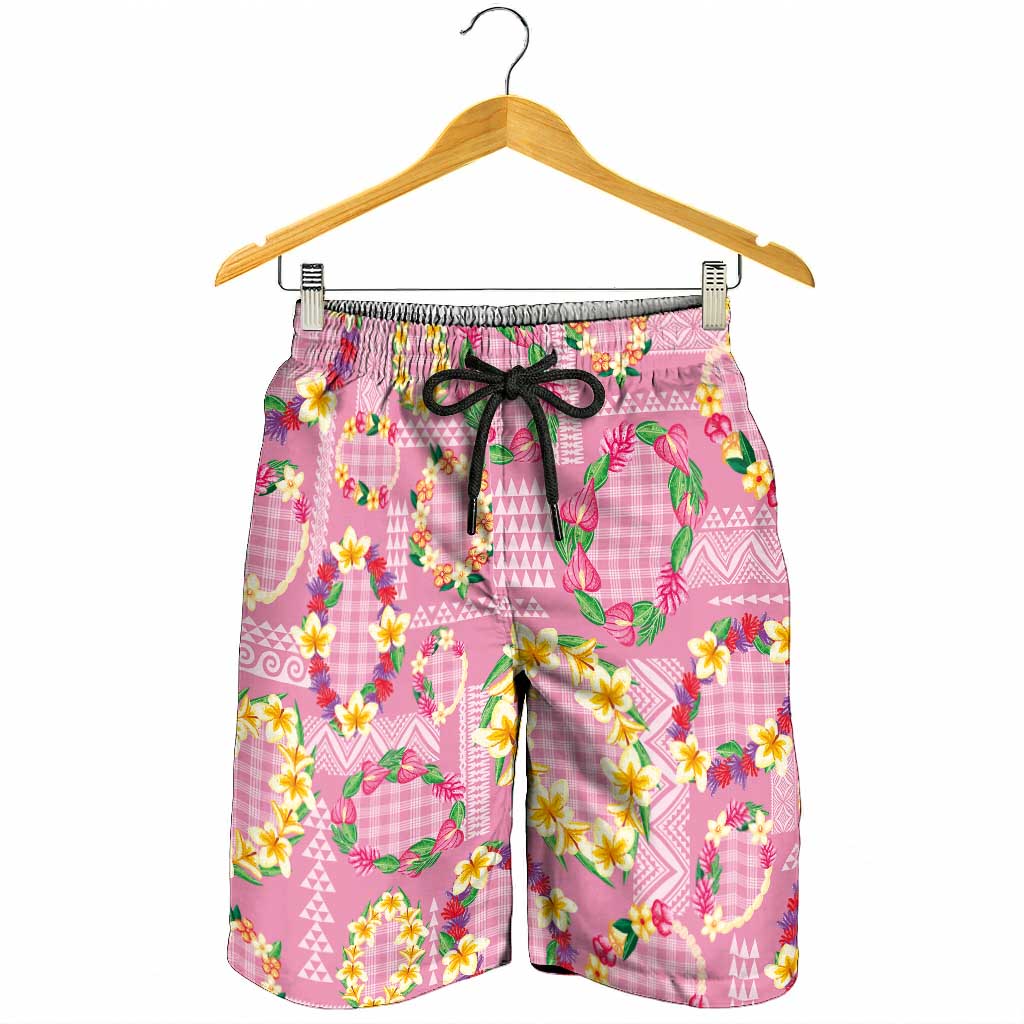 Hawaiian Leis Shorts for Men Kakau Tattoos and Palaka Pastel Pink Color