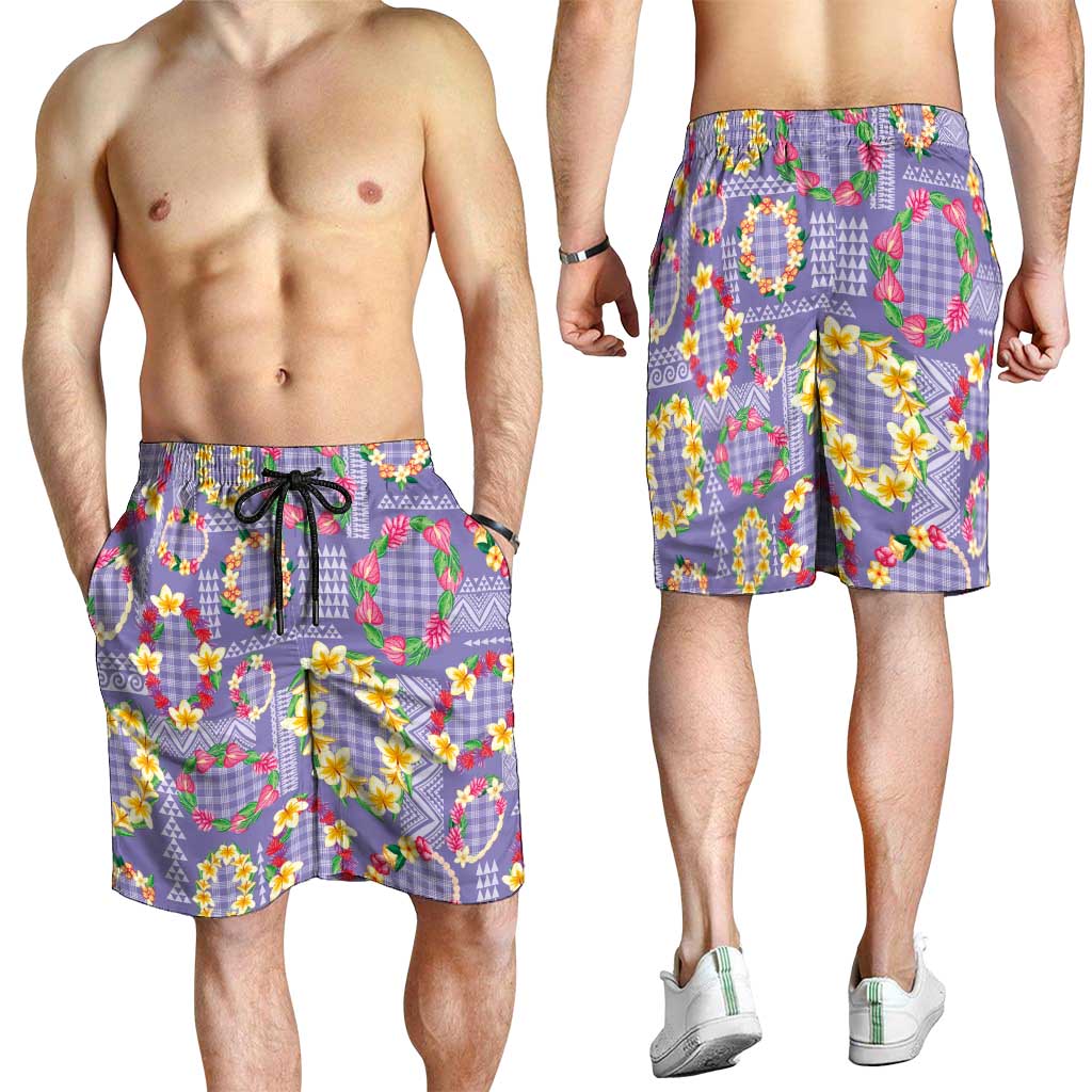 Hawaiian Leis Shorts for Men Kakau Tattoos and Palaka Pastel Purple Color LT03 - Polynesian Pride