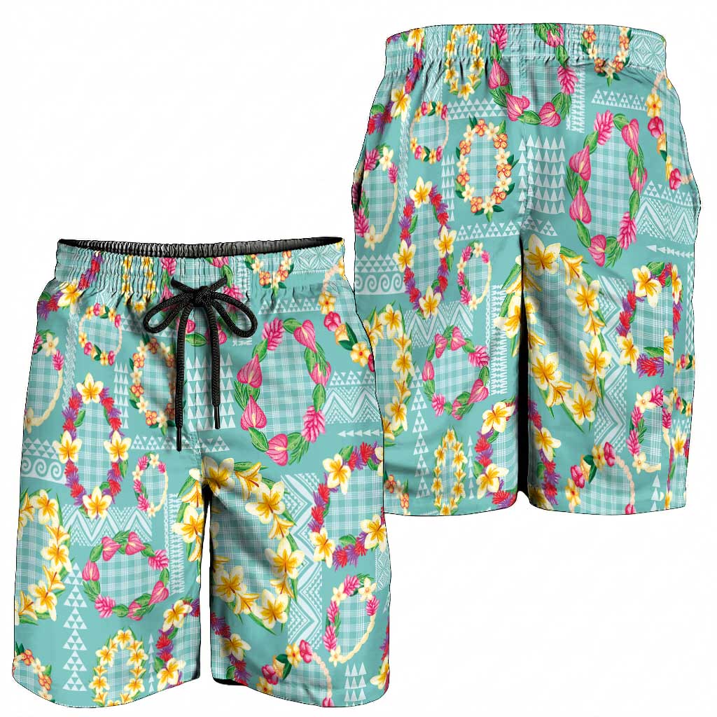 Hawaiian Leis Shorts for Men Kakau Tattoos and Palaka Pastel Teal Color LT03 - Polynesian Pride