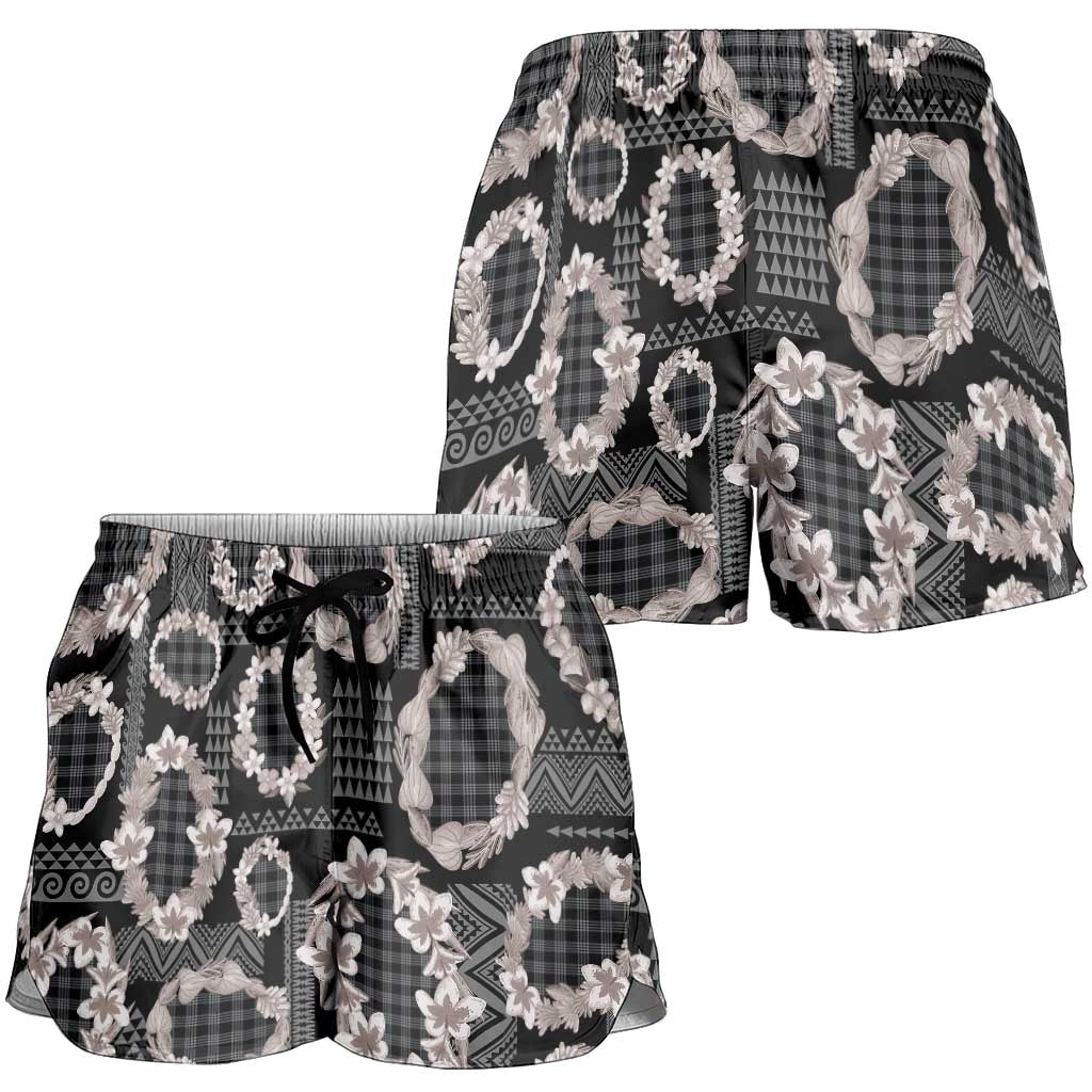Hawaiian Leis Shorts for Women Kakau Tattoos and Palaka Pastel Grayscale LT03 - Polynesian Pride